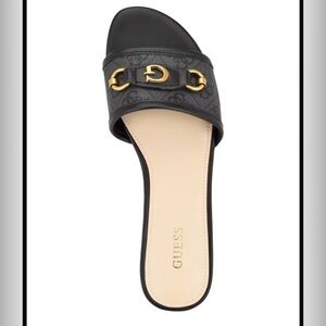 Guess Hammi Logo Slide Sandals Black with Gold Hardware Size 9.5